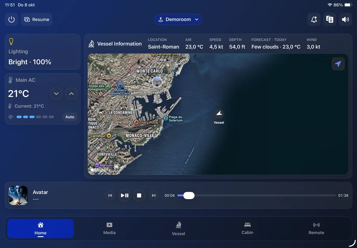 LAVIE iPad app with yacht information, lighting, climate and media playback